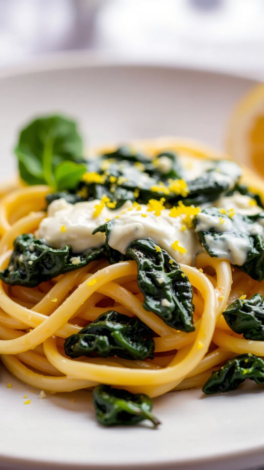 Close-up fresh pasta with creamy goat cheese sauce and wilted spinach garnished with lemon zest, shallow depth of field, Ital