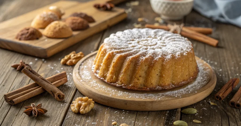 Close-up golden Moroccan sablé cake with cinnamon and ginger, dusted with powdered sugar, on a rustic wooden table with spic