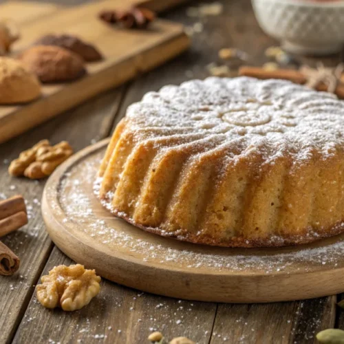 Close-up golden Moroccan sablé cake with cinnamon and ginger, dusted with powdered sugar, on a rustic wooden table with spic