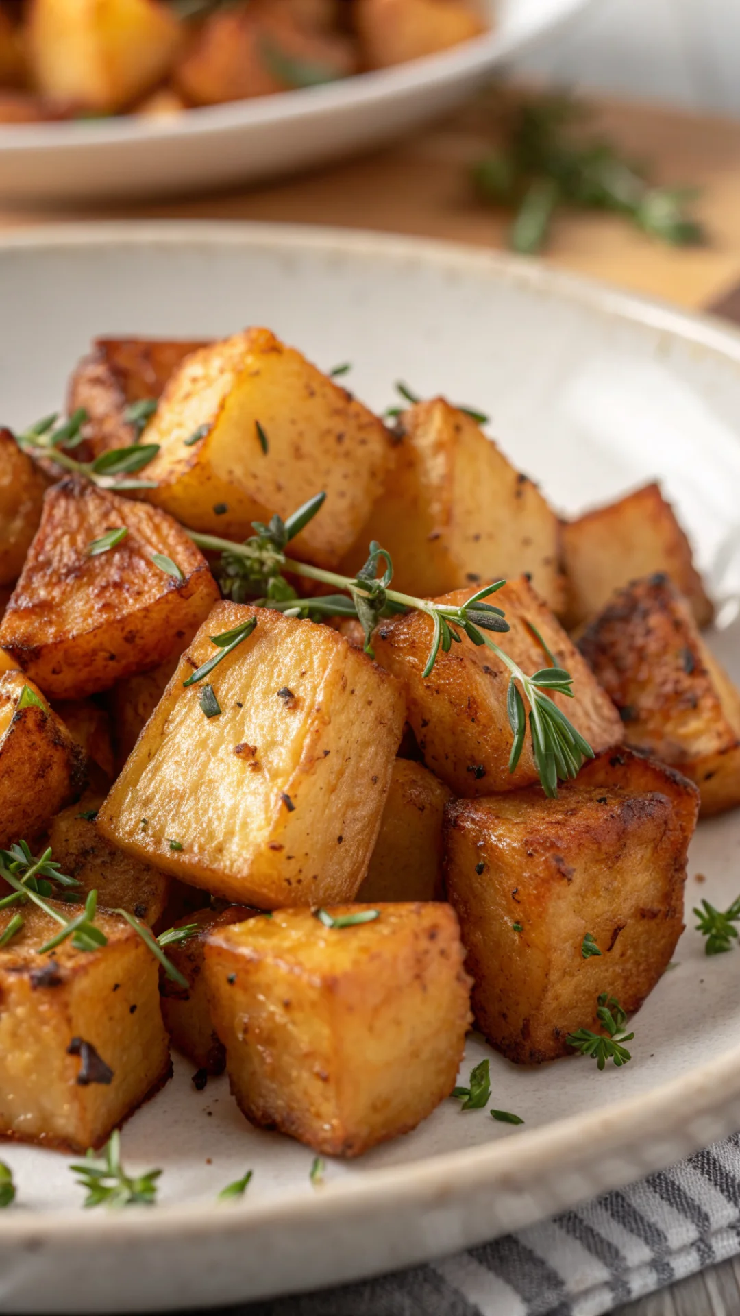 Close-up gourmet roasted potatoes cubes golden brown with herbs garnish, macro food photography, appetizing dinner plate