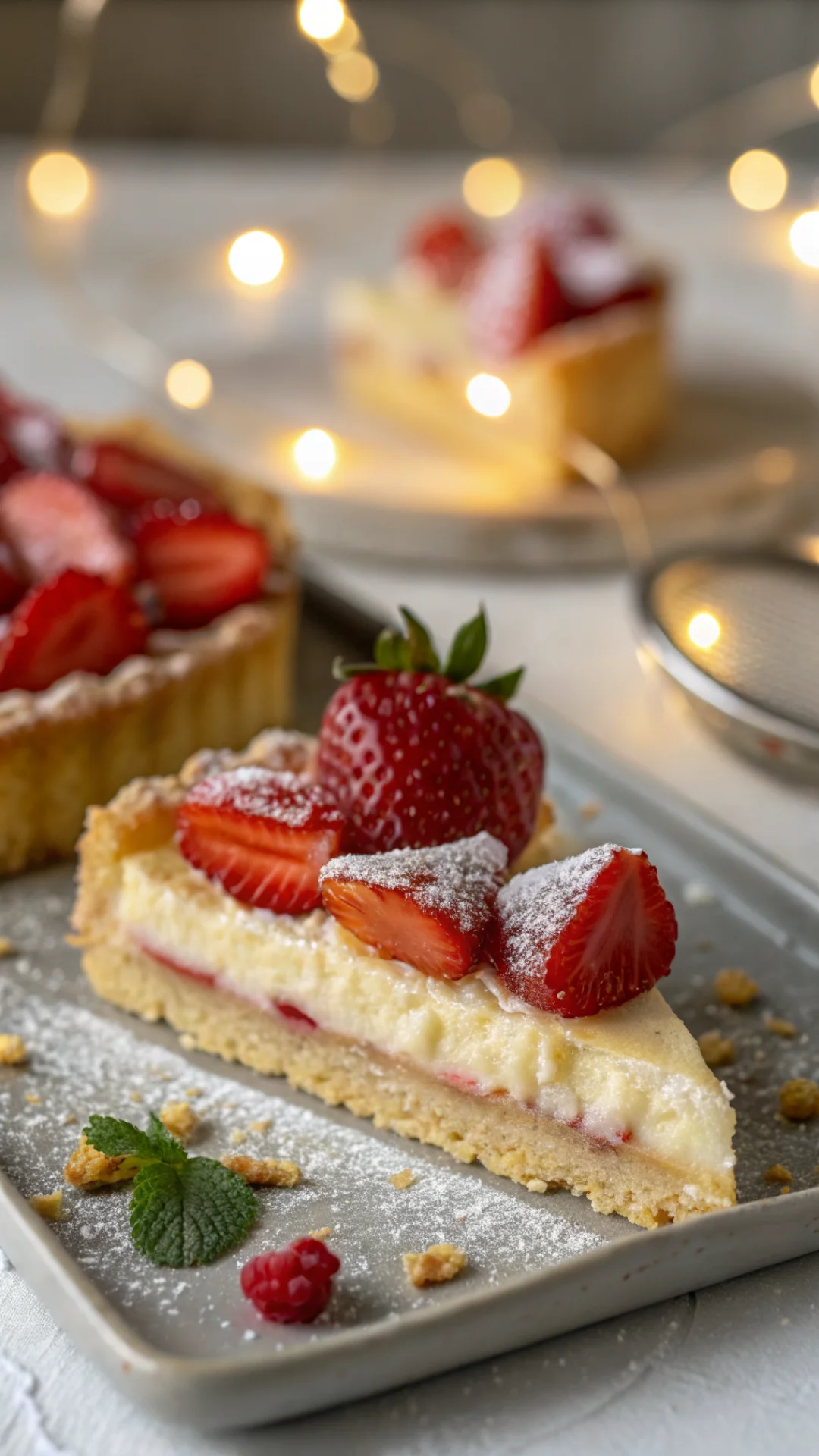 Close-up macro photography of golden crispy shortbread cake slice with soft vanilla cream filling and fresh red strawberries,