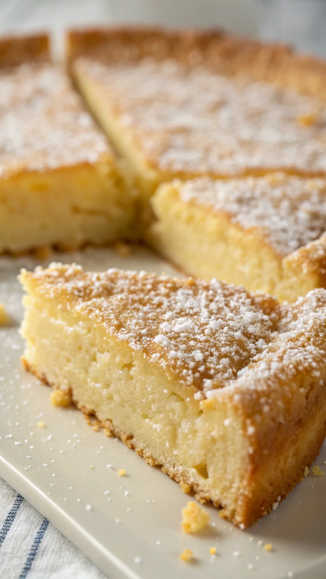 Close-up macro shot golden buttery shortbread cake slice crumb texture, melting soft center, crystallized sugar coating, prof