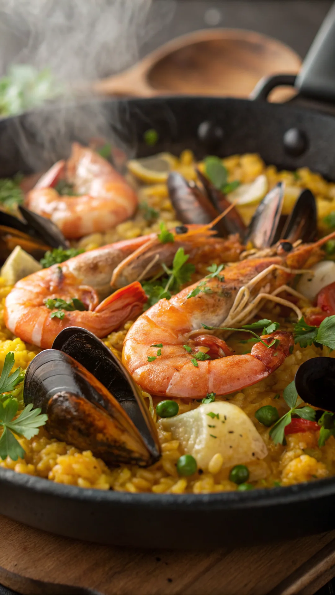 Close-up macro shot of cooked shrimp and mussels on saffron yellow rice, fresh herbs garnish, steaming hot paella, golden sea