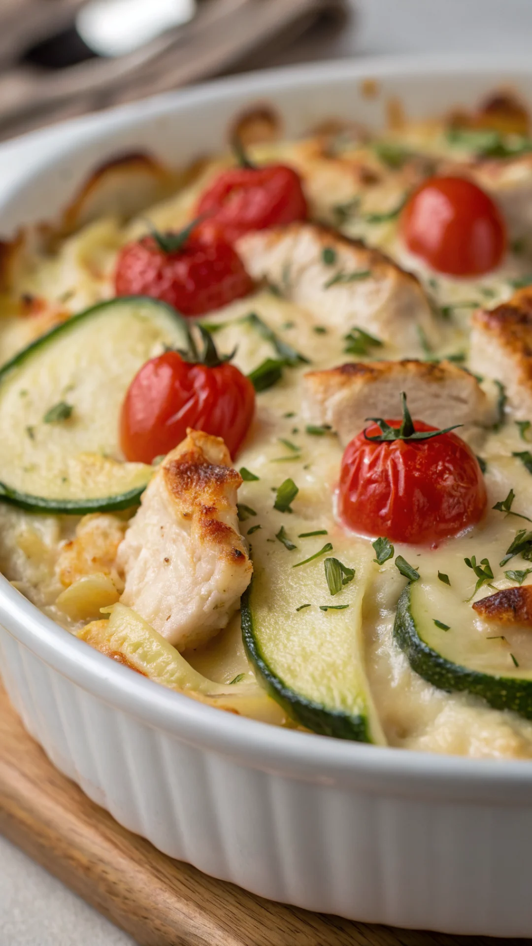Close-up macro shot of creamy pasta gratin with golden cheese crust, fresh courgettes, cherry tomatoes, and succulent chicken