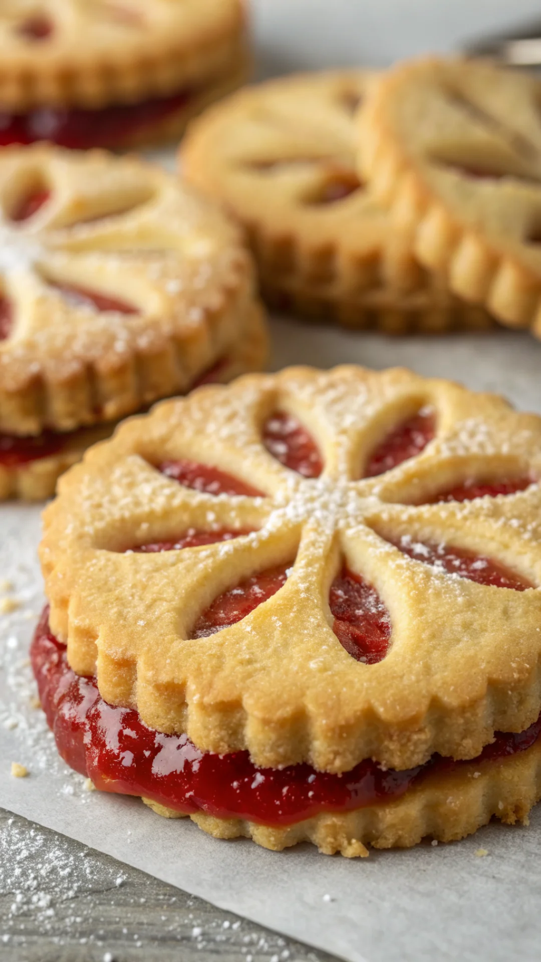 Close-up macro shot of freshly baked shortbread cookie with strawberry jam filling, golden crispy edges, delicate fork patter