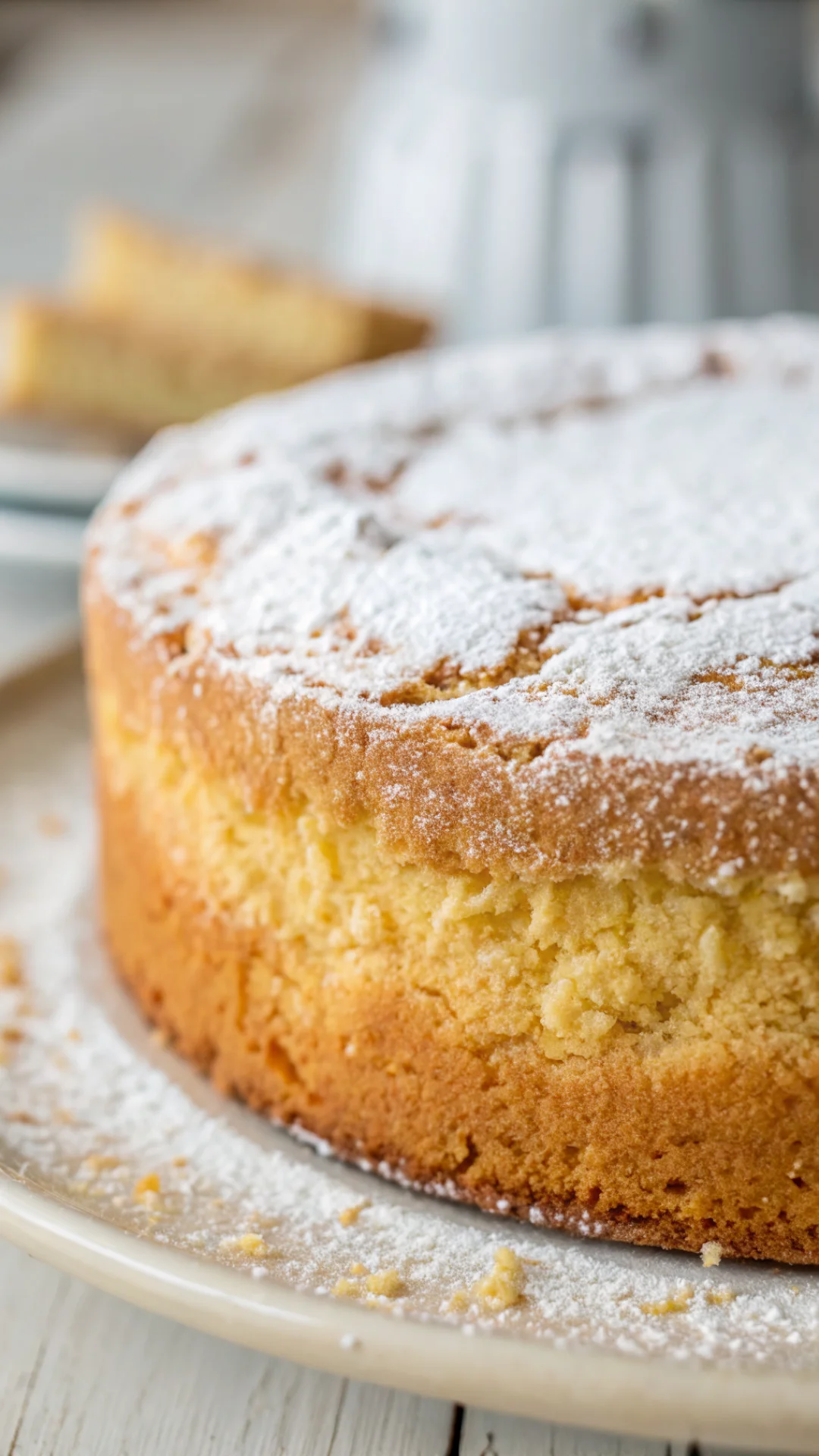 Close-up macro shot of gluten-free sponge cake texture, golden crumb detail with powdered sugar dusting, soft focus backgroun