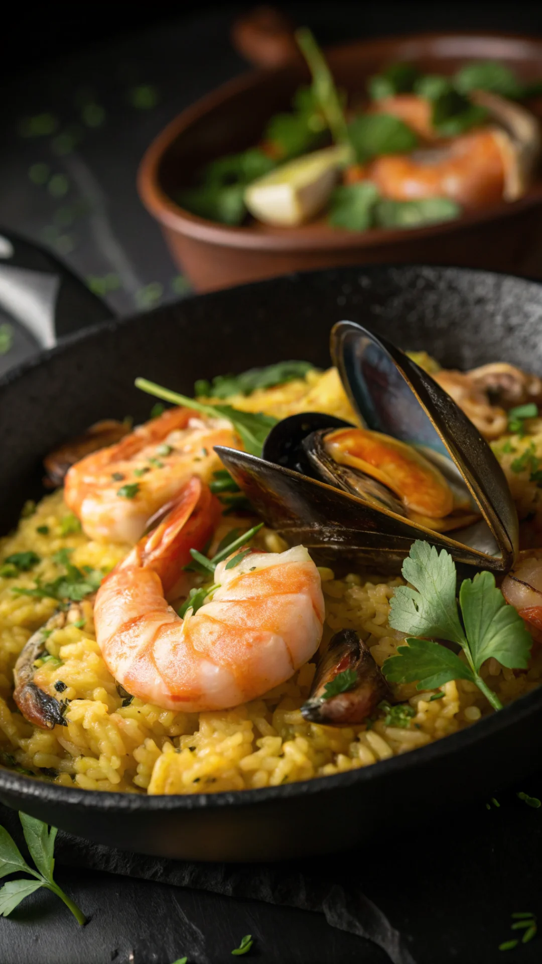 Close-up macro shot of juicy shrimp and opened mussel on golden saffron rice with fresh herbs, dramatic side lighting, food p