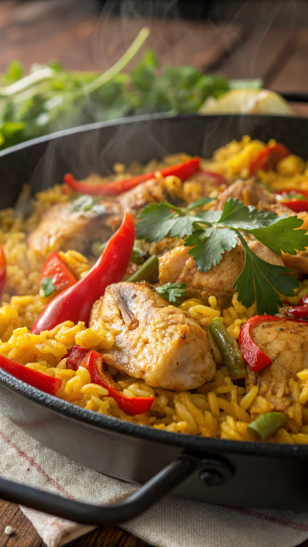 Close-up macro shot of paella with fluffy golden saffron rice, succulent chicken pieces, vibrant peppers, glistening oil, fre
