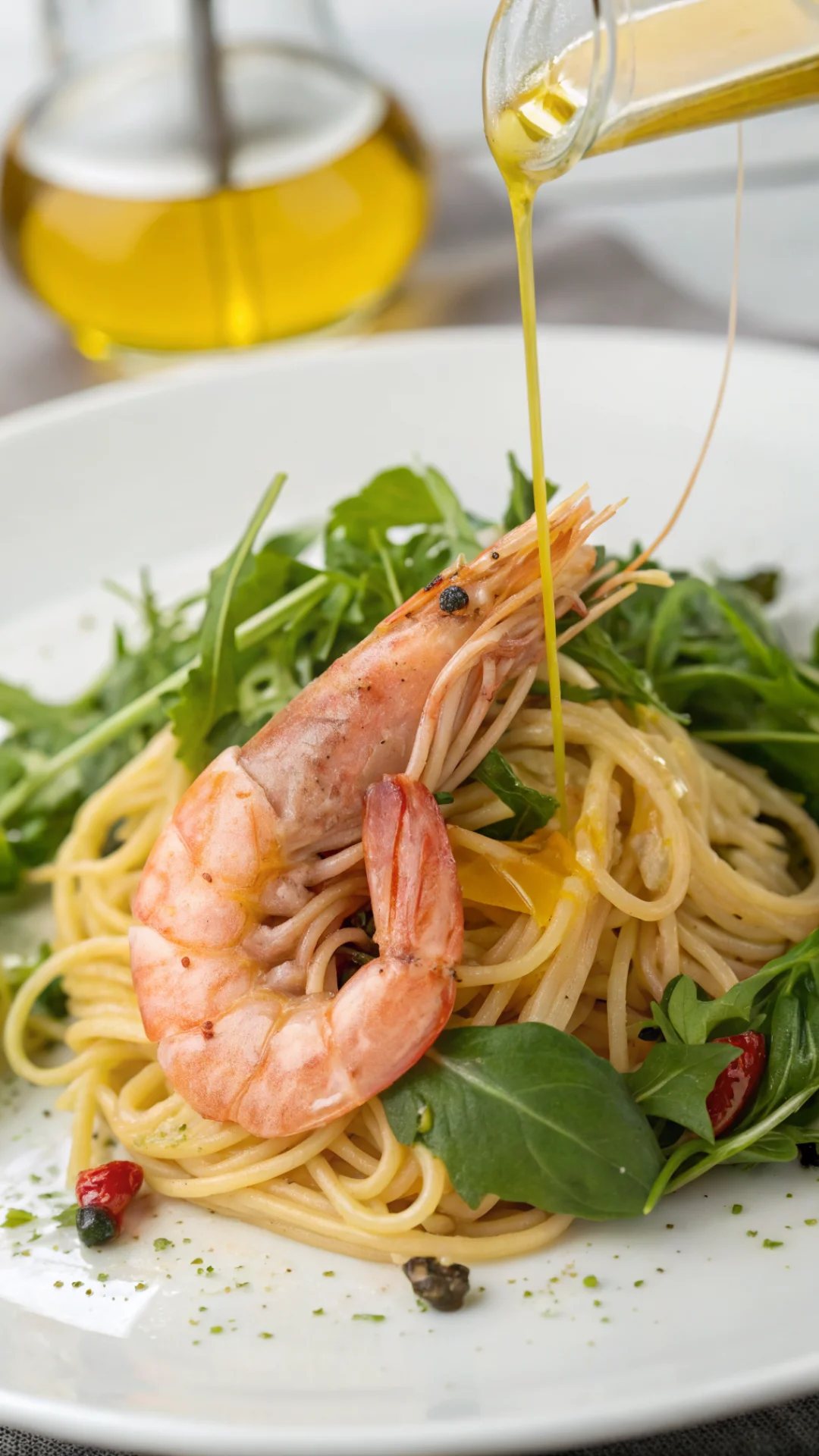 Close-up macro shot pink cooked shrimp in white plate with spaghetti, fresh green rocket salad, golden olive oil, lemon juice