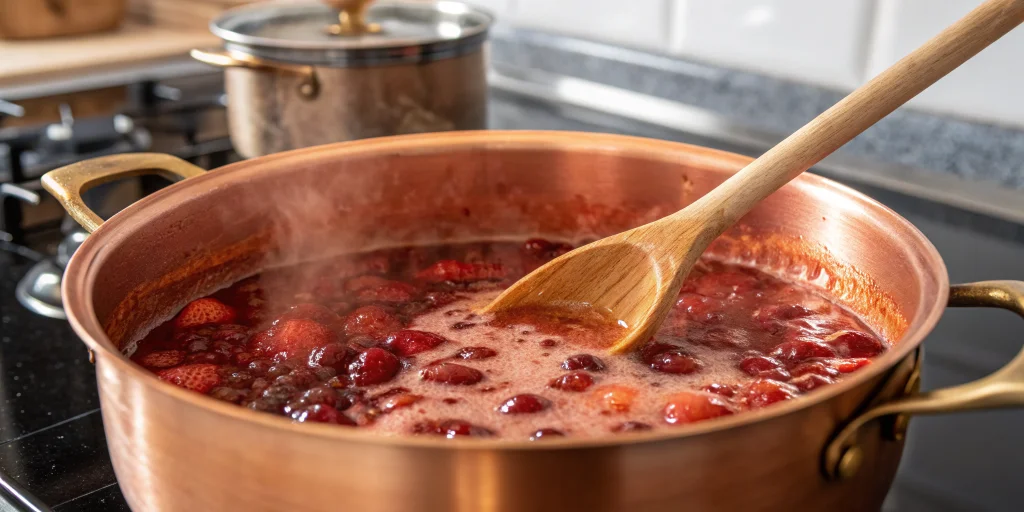 Close-up of bubbling strawberry jam cooking in a large copper preserving pan, wooden spoon stirring the jam, steam rising, ri