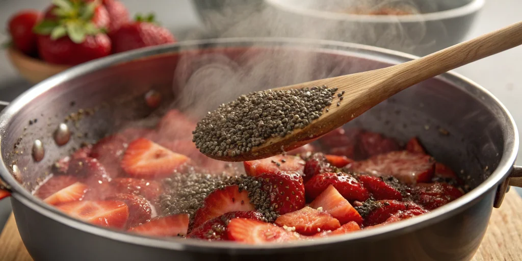 Close-up of chia seeds being stirred into warm strawberry mixture in a saucepan, steam rising, wooden spoon mixing, kitchen c