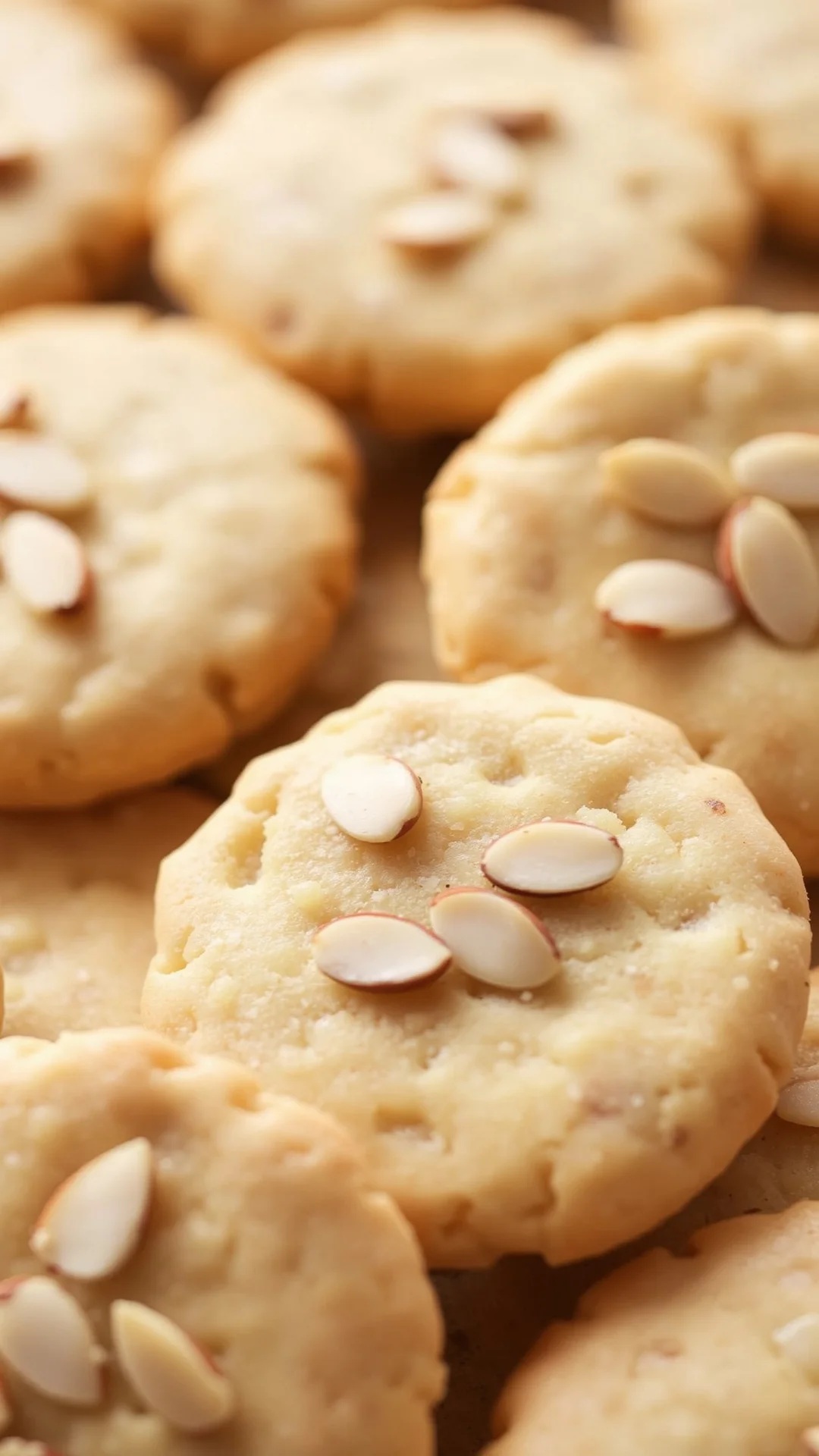 Close-up of classic almond shortbread cookies, golden and crispy, fresh from oven, sprinkled with sliced almonds on top