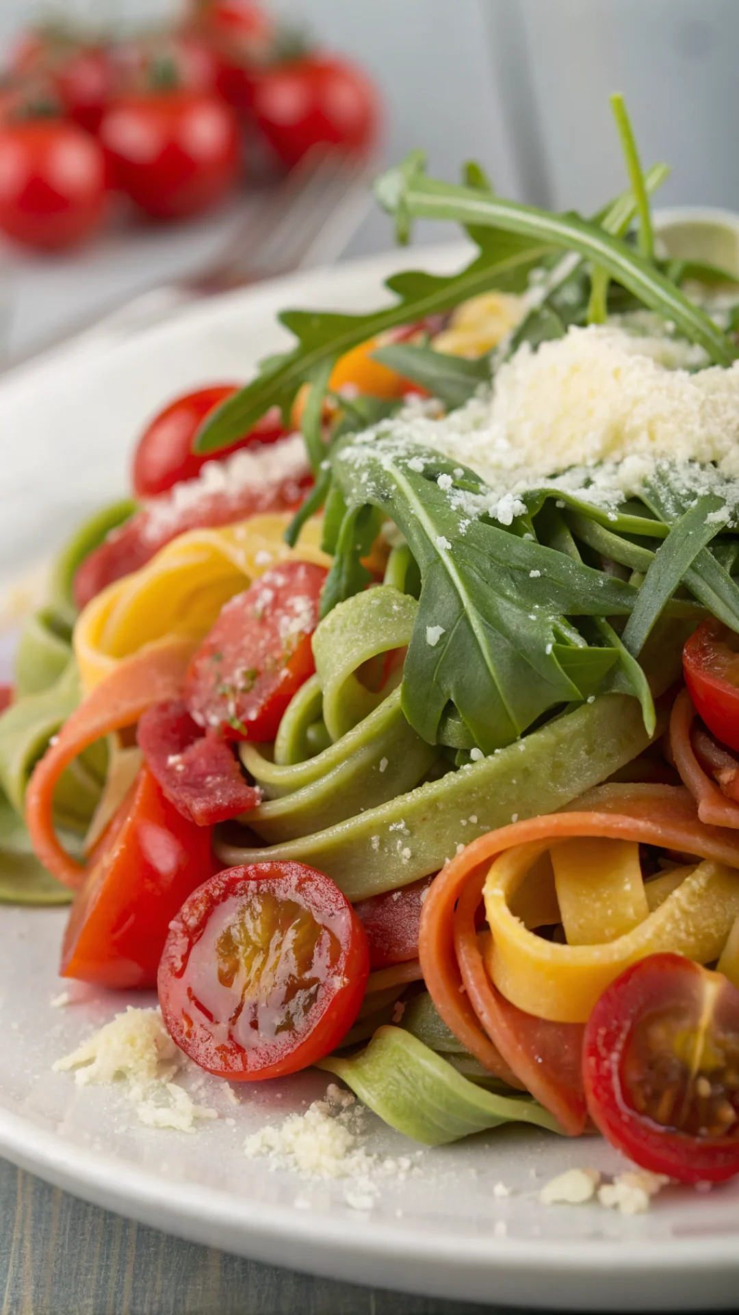 Close-up of colorful pasta with red cherry tomatoes and fresh green arugula, creamy parmesan cheese, professional macro food