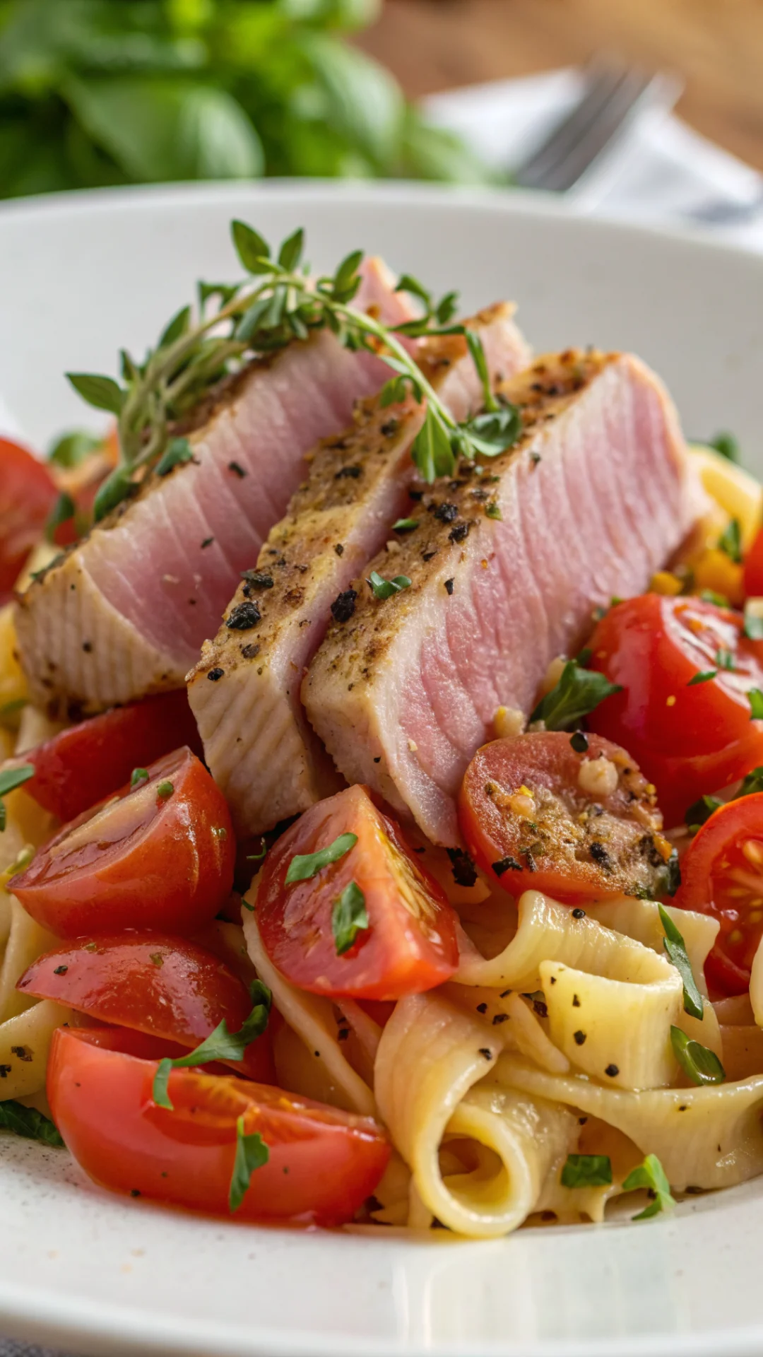 Close-up of cooked tuna with fresh tomatoes and pasta, macro food photography, vibrant colors, fresh herbs garnish, professio