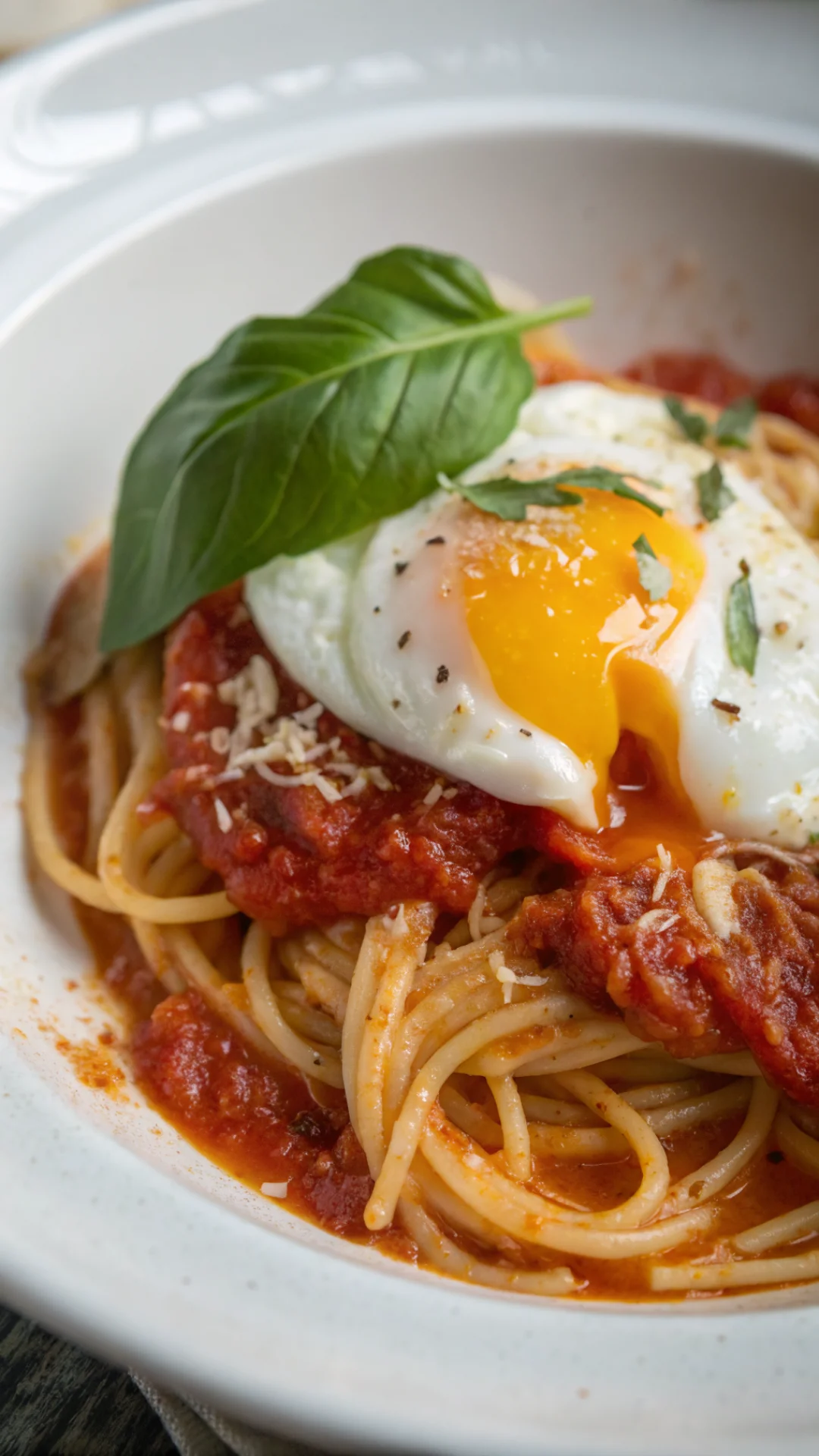 Close-up of creamy egg yolk breaking over hot pasta and tomato sauce, fresh basil leaf garnish, rich golden texture, appetizi