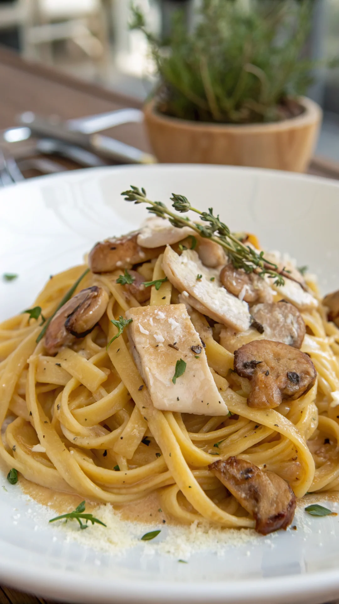 Close-up of creamy mushroom and chicken pasta, golden noodles coated in sauce, sautéed mushroom slices, fresh thyme, parmesa
