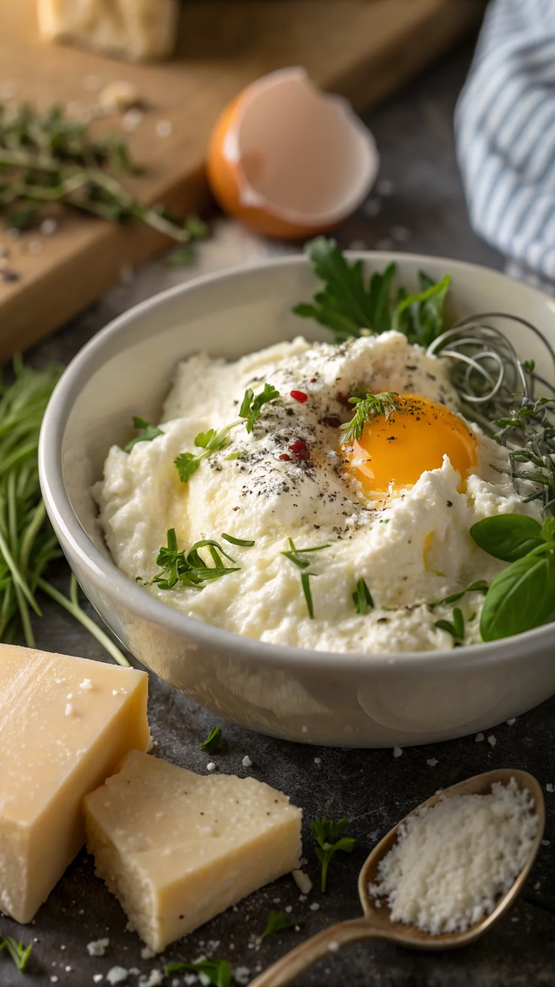 Close-up of creamy ricotta cheese mixture with parmesan, fresh herbs, egg, texture detail food styling macro photography