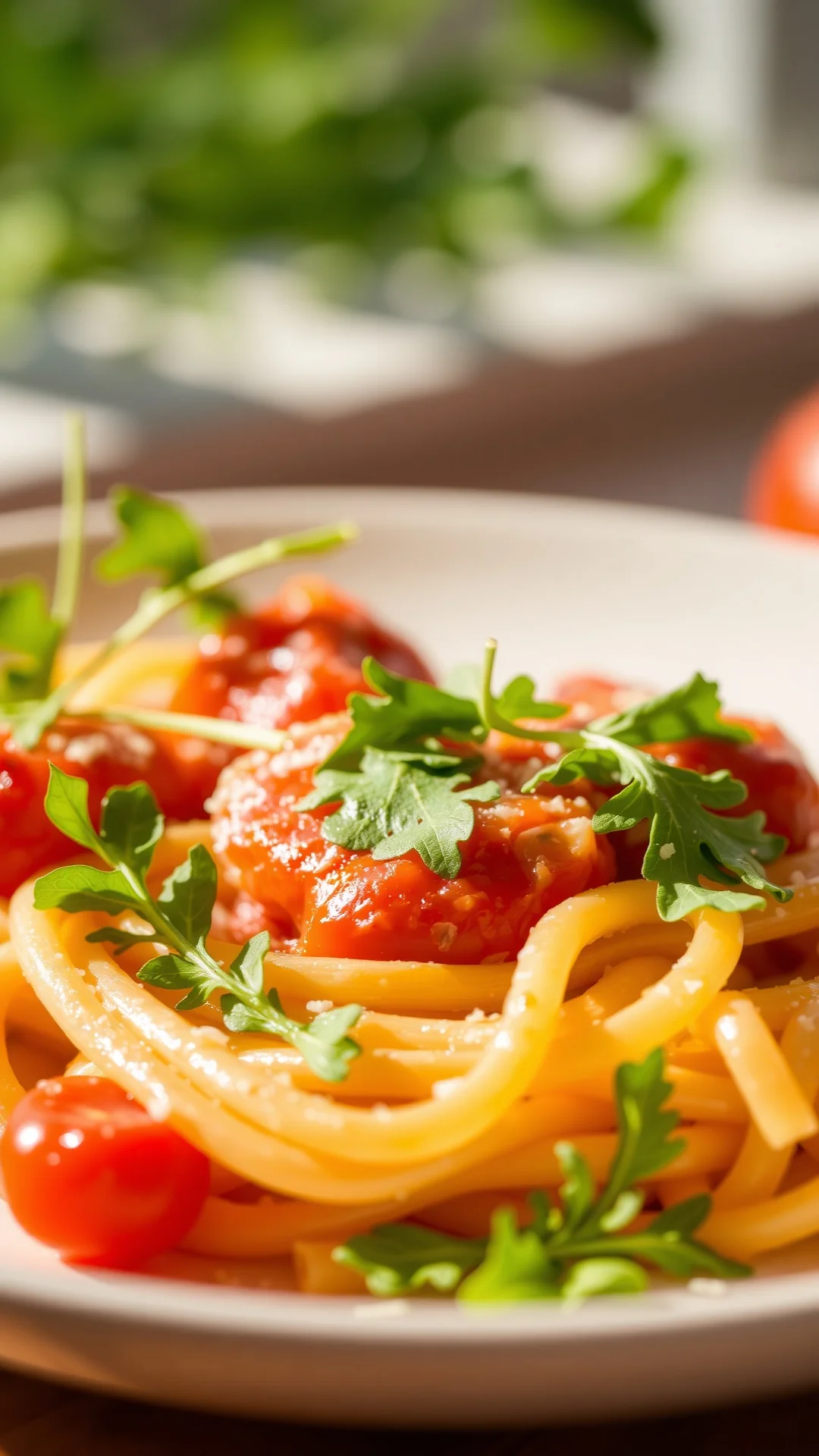 Close-up of creamy tomato pasta with fresh arugula, warm sunlight, appetizing plating, professional food photography