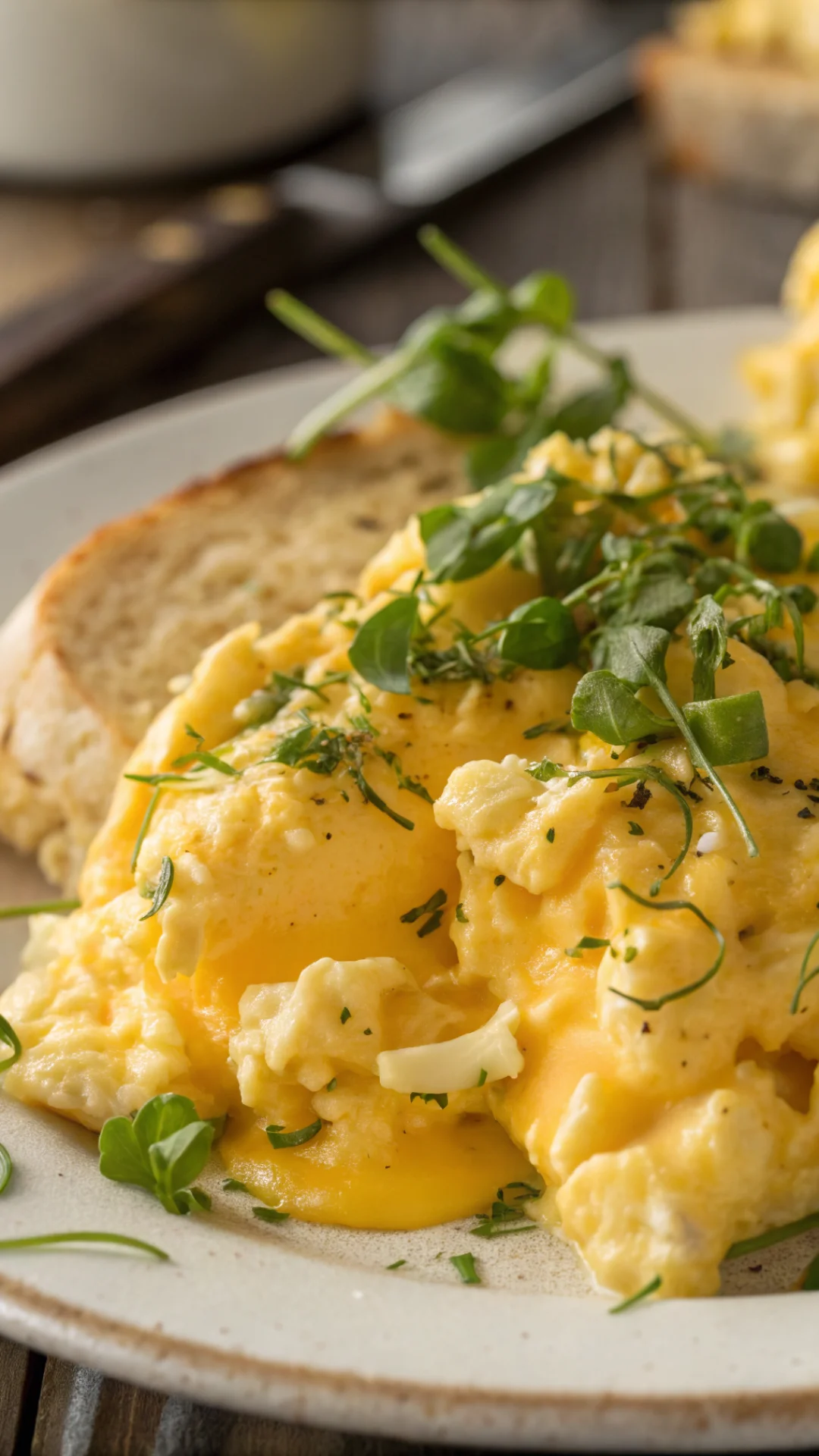 Close-up of fluffy scrambled eggs with melted cheese and fresh herbs, macro photography, golden color, appetizing texture, pe