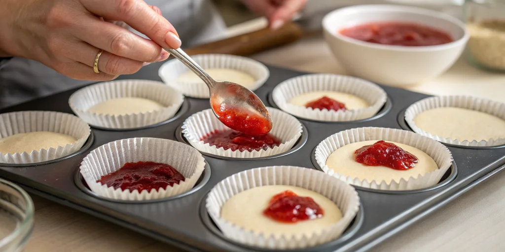 Close-up of hands filling muffin batter into paper liners, adding a spoonful of bright red strawberry jam in the center, raw