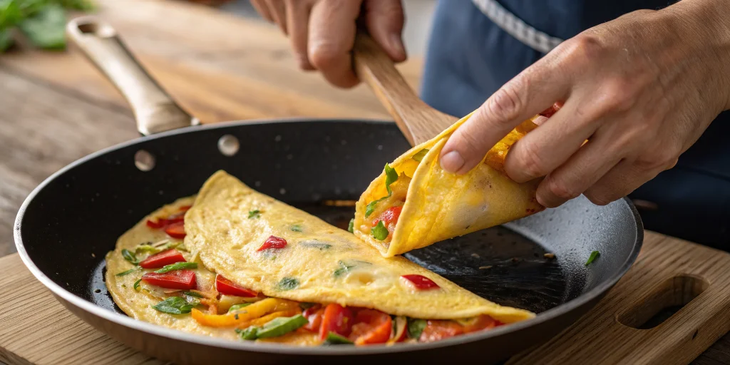 Close-up of hands folding a golden omelette in a non-stick pan, showing the creamy texture and colorful summer vegetables ins