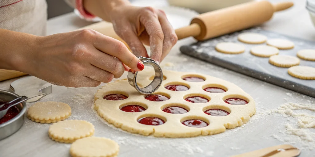 Close-up of hands using a round cookie cutter to cut circles in rolled cookie dough on a floured surface, some cut cookies al