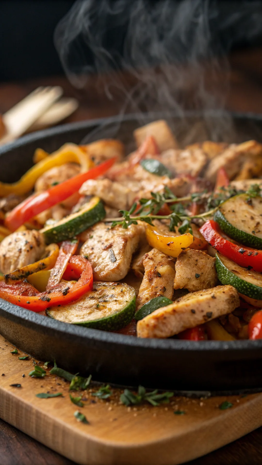 Close-up of sizzling chicken and vegetable pan dish, steaming hot, tender chicken pieces with roasted peppers zucchini, aroma