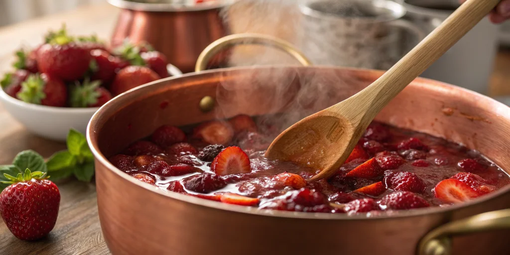 Close-up of strawberry jam being cooked in copper pot, wooden spoon stirring, steam rising, bubbling texture, kitchen cooking