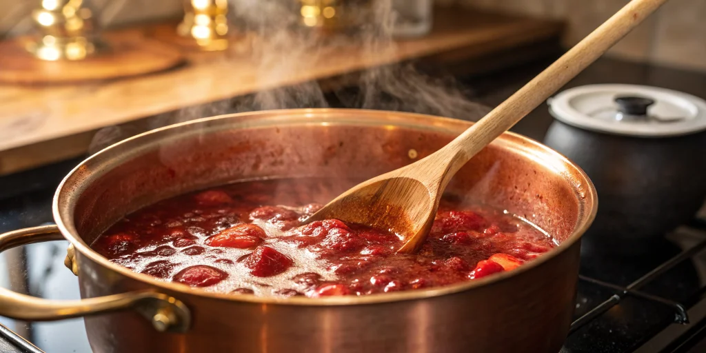Close-up of strawberry jam cooking in a copper pot, bubbling red jam mixture, wooden spoon stirring, steam rising, kitchen st
