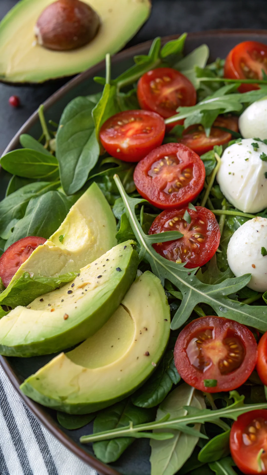 Close-up of vibrant fresh salad ingredients including creamy avocado, ripe tomatoes, soft mozzarella, and crispy arugula leav