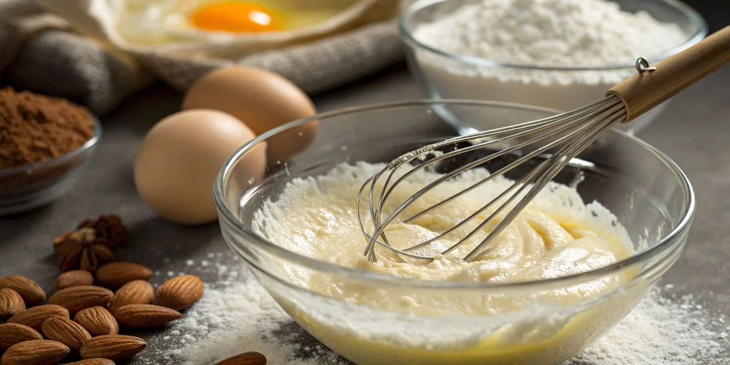 Close-up of whisking eggs and sugar in a glass bowl until light and fluffy, wooden whisk in motion, ingredients for clafoutis