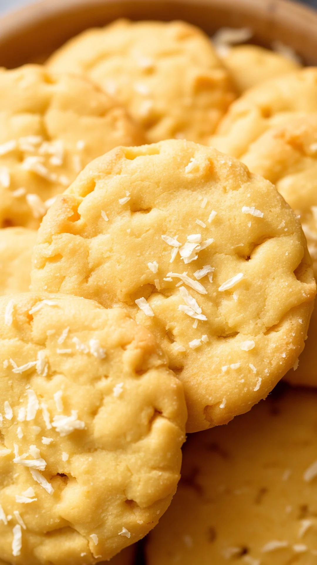 Close-up overhead macro shot of golden coconut honey shortbread cookies dusted with shredded coconut, natural sunlight, artis