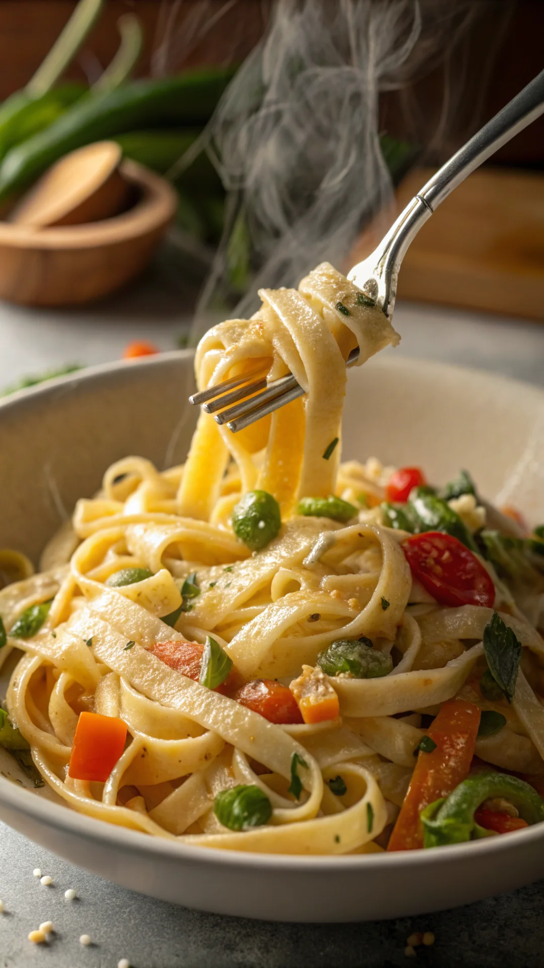 Close-up overhead shot of fork twirling creamy pasta with vegetables, steam rising, golden lighting, appetizing food photogra