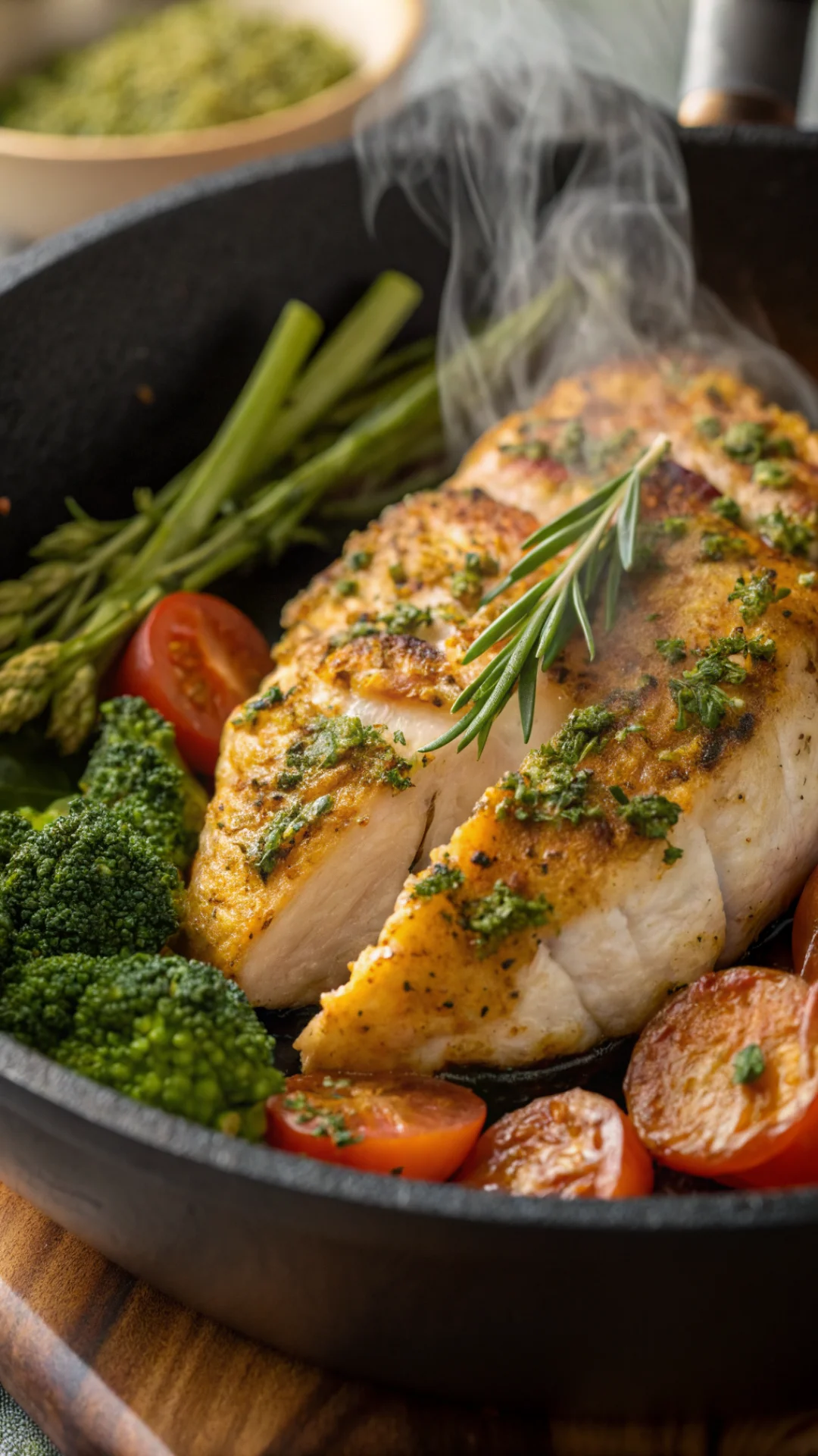 Close-up overhead shot of perfectly cooked golden chicken breast with herb crust, steam rising, macro food photography, vibra