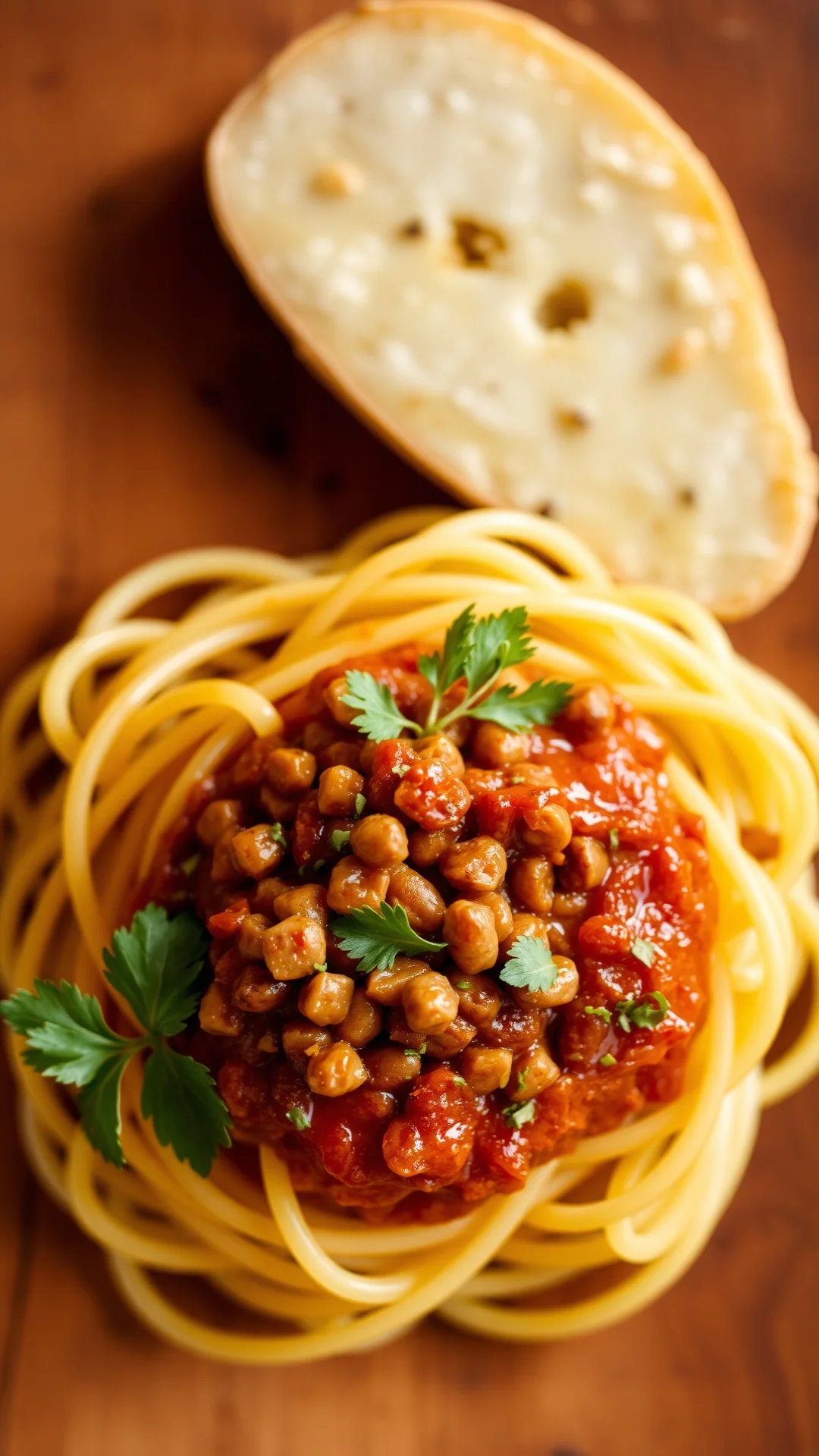 Close-up overhead view creamy pasta with red lentils and tomato sauce, fresh herbs garnish, warm lighting, rustic wooden plat