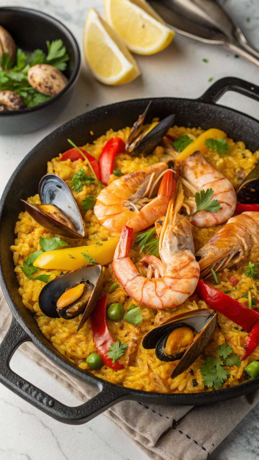 Close-up overhead view of authentic Spanish paella with golden saffron rice, tender shrimp, open mussels, and colorful bell p
