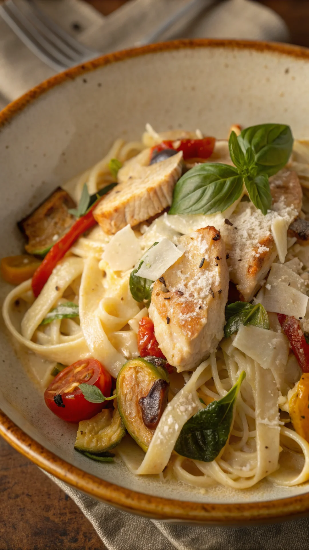 Close-up overhead view of creamy pasta dish with tender chicken pieces, roasted vegetables, parmesan cheese, fresh basil garn
