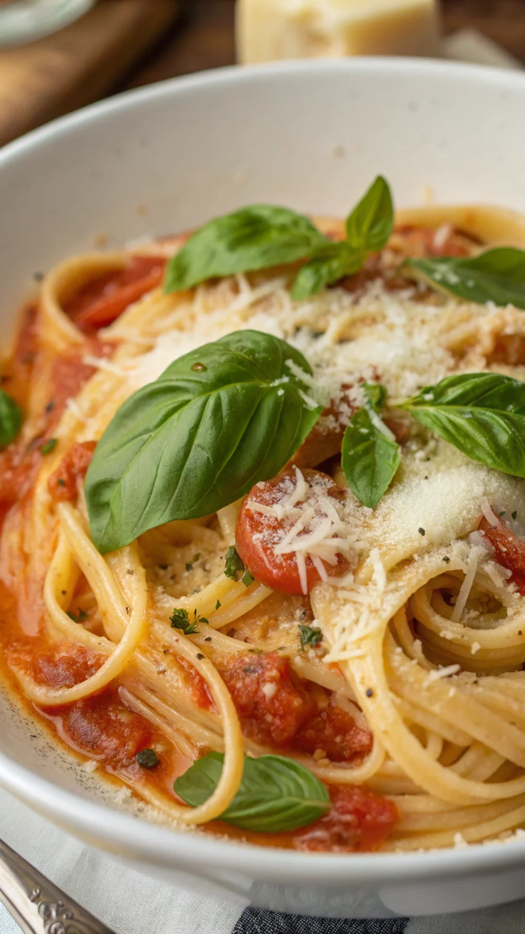 Close-up overhead view of creamy tomato pasta with melted parmesan, fresh basil leaves, glistening olive oil, macro food phot