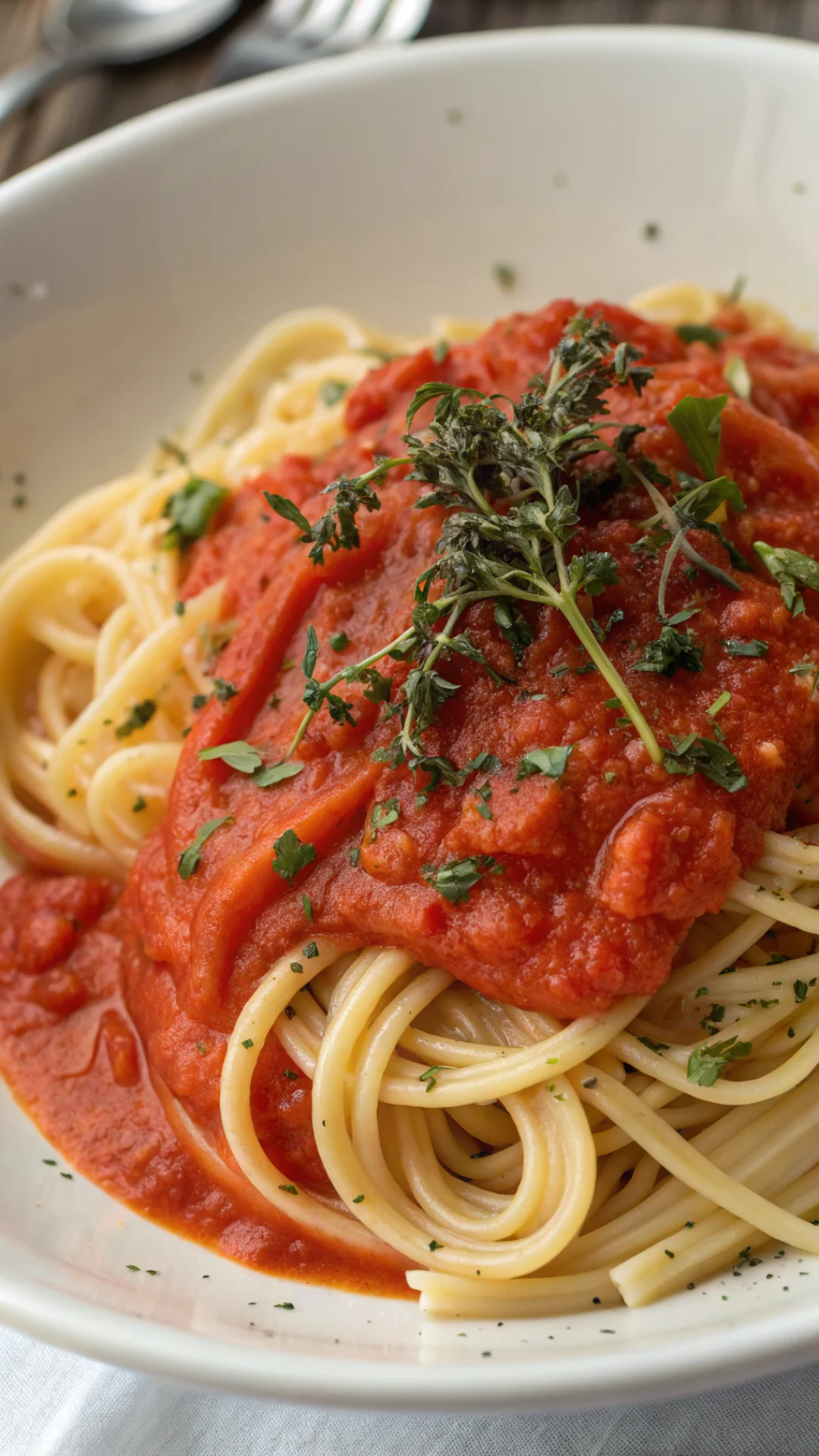 Close-up overhead view of creamy tomato sauce coating fresh pasta with herbs, vibrant red sauce texture, homemade Italian cui