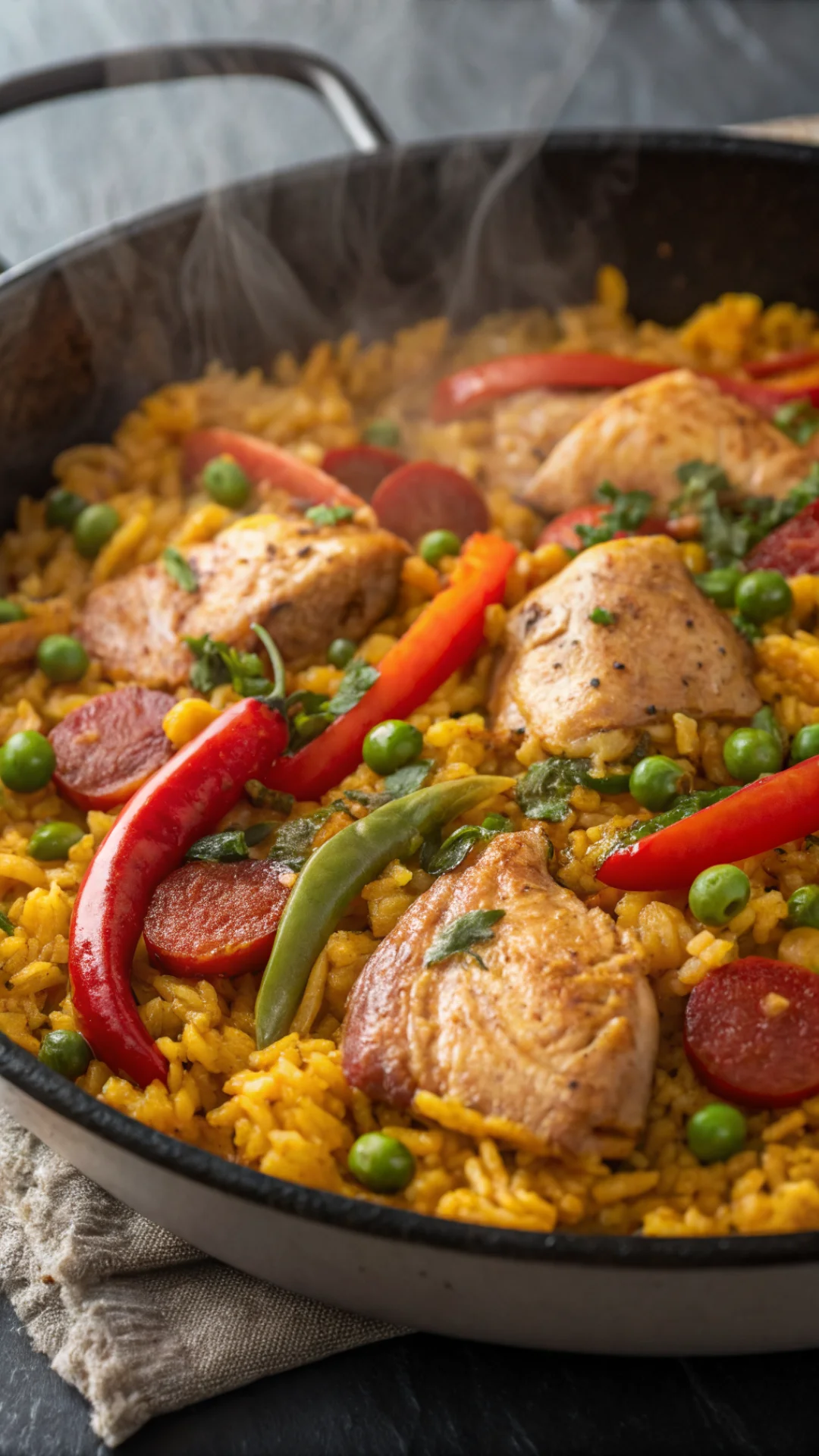 Close-up overhead view of golden saffron rice with tender chicken pieces and red chorizo slices, vibrant peas and peppers sca