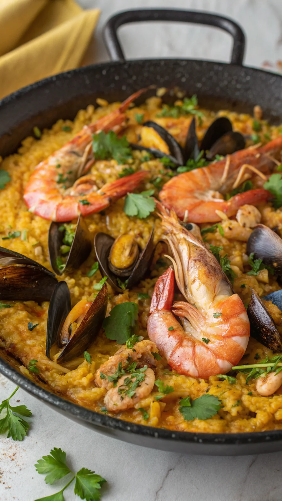 Close-up overhead view of paella socarrat crispy bottom crust, steaming hot saffron rice with jumbo shrimp, mussels, and fres