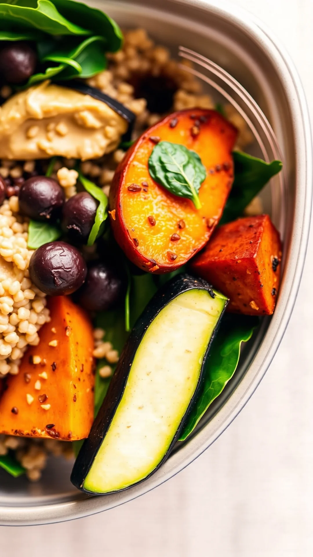 Close-up portrait 9:16 of colorful vegetarian buddha bowl with quinoa, roasted sweet potato, zucchini, hummus, fresh spinach,