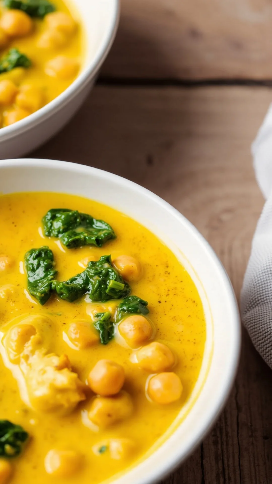 Close-up portrait 9:16 of creamy chickpea and spinach coconut curry in a white bowl, golden yellow sauce, vibrant green spina