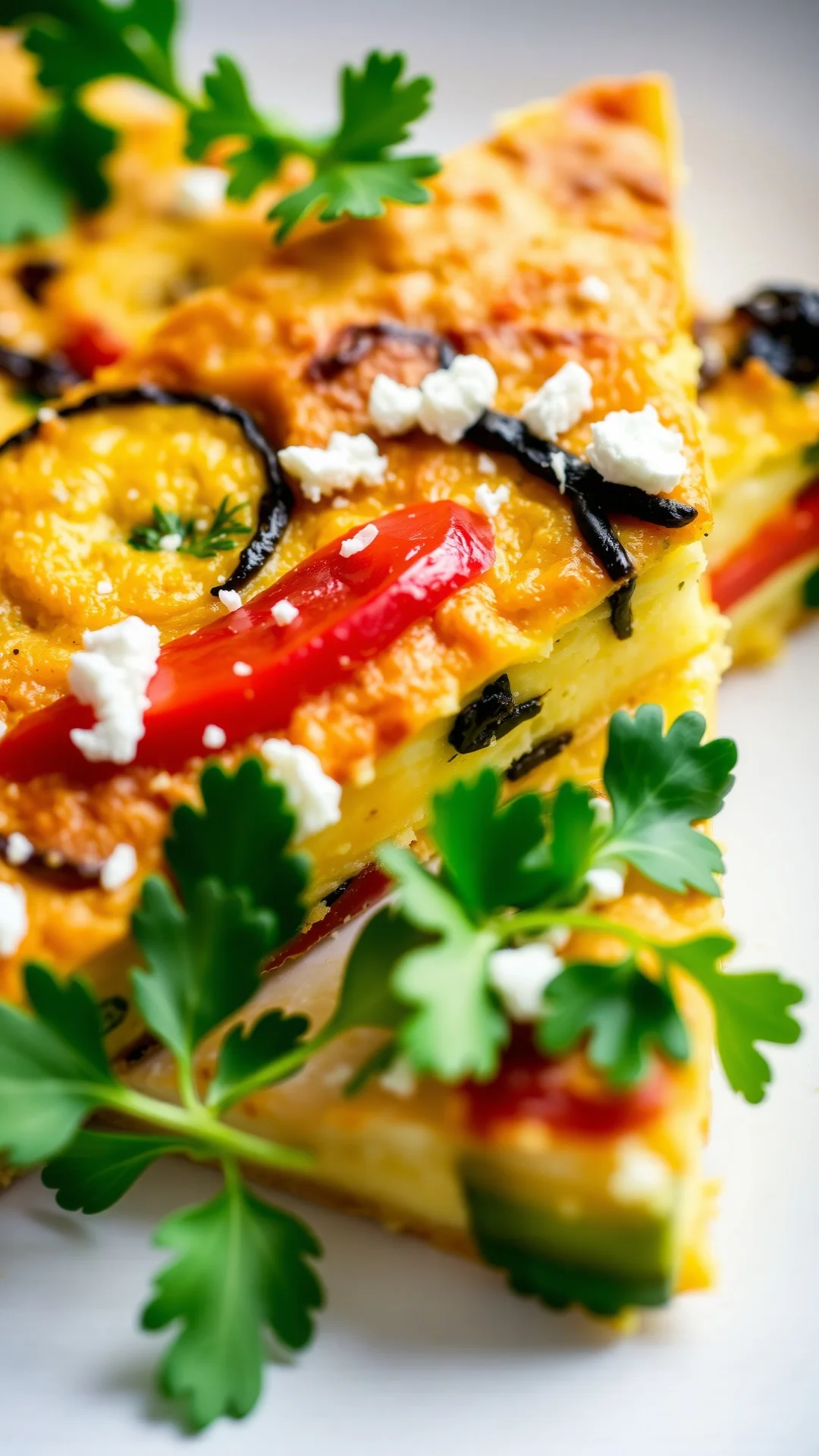 Close-up portrait 9:16 of golden vegetable frittata slice with bell peppers, zucchini and crumbled feta cheese, plated on whi