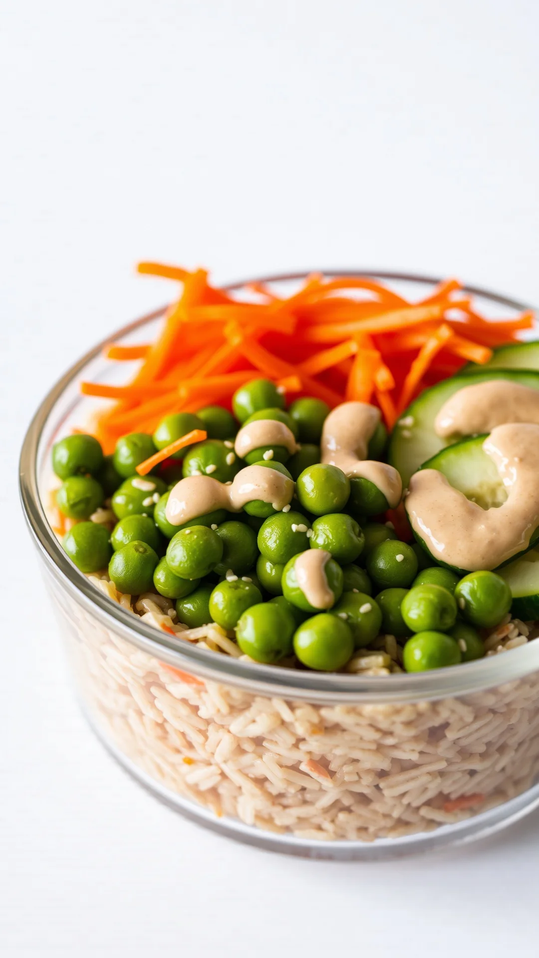 Close-up portrait 9:16 of healthy brown rice bowl with edamame, shredded carrots, cucumber slices and sesame tahini sauce dri