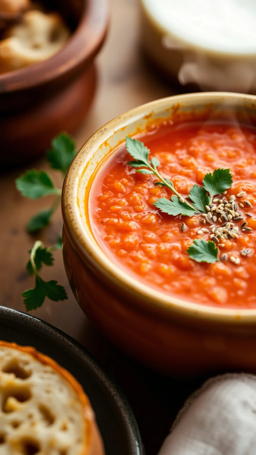Close-up portrait 9:16 of vibrant red lentil tomato soup in a ceramic bowl, steaming hot, cumin seeds garnish, rustic bread a