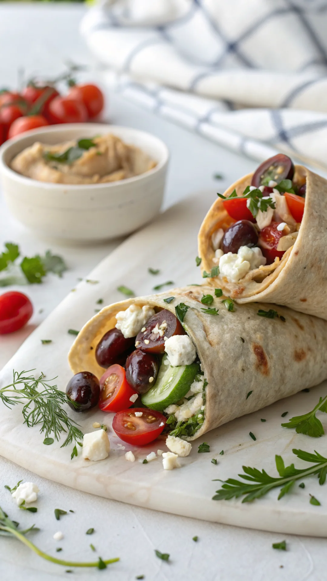 Close-up portrait food photo of a Mediterranean vegetarian wrap with hummus, cherry tomatoes, cucumber, olives and crumbled f