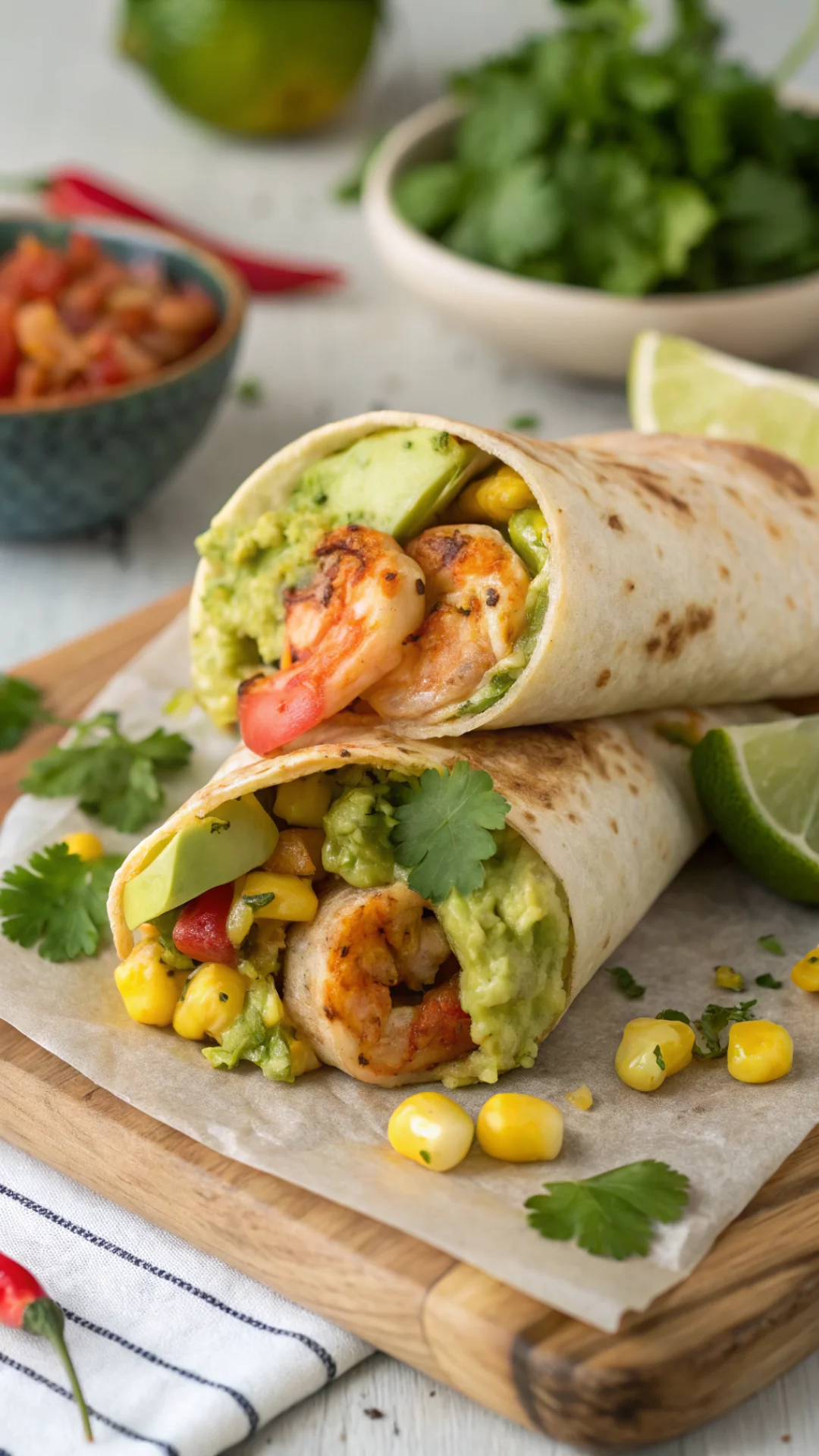 Close-up portrait food photo of a spicy shrimp wrap with mashed avocado, sweet corn and fresh cilantro, colorful and appetizi