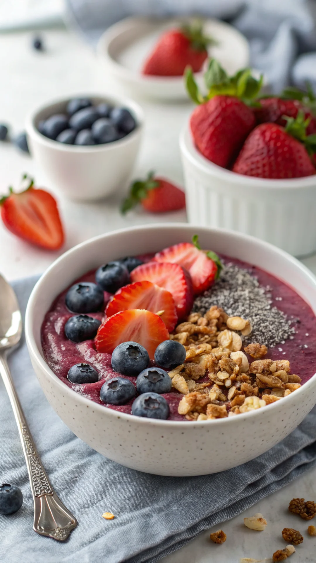 Close-up portrait of a beautiful purple açaí smoothie bowl topped with fresh strawberries, blueberries, granola and chia se