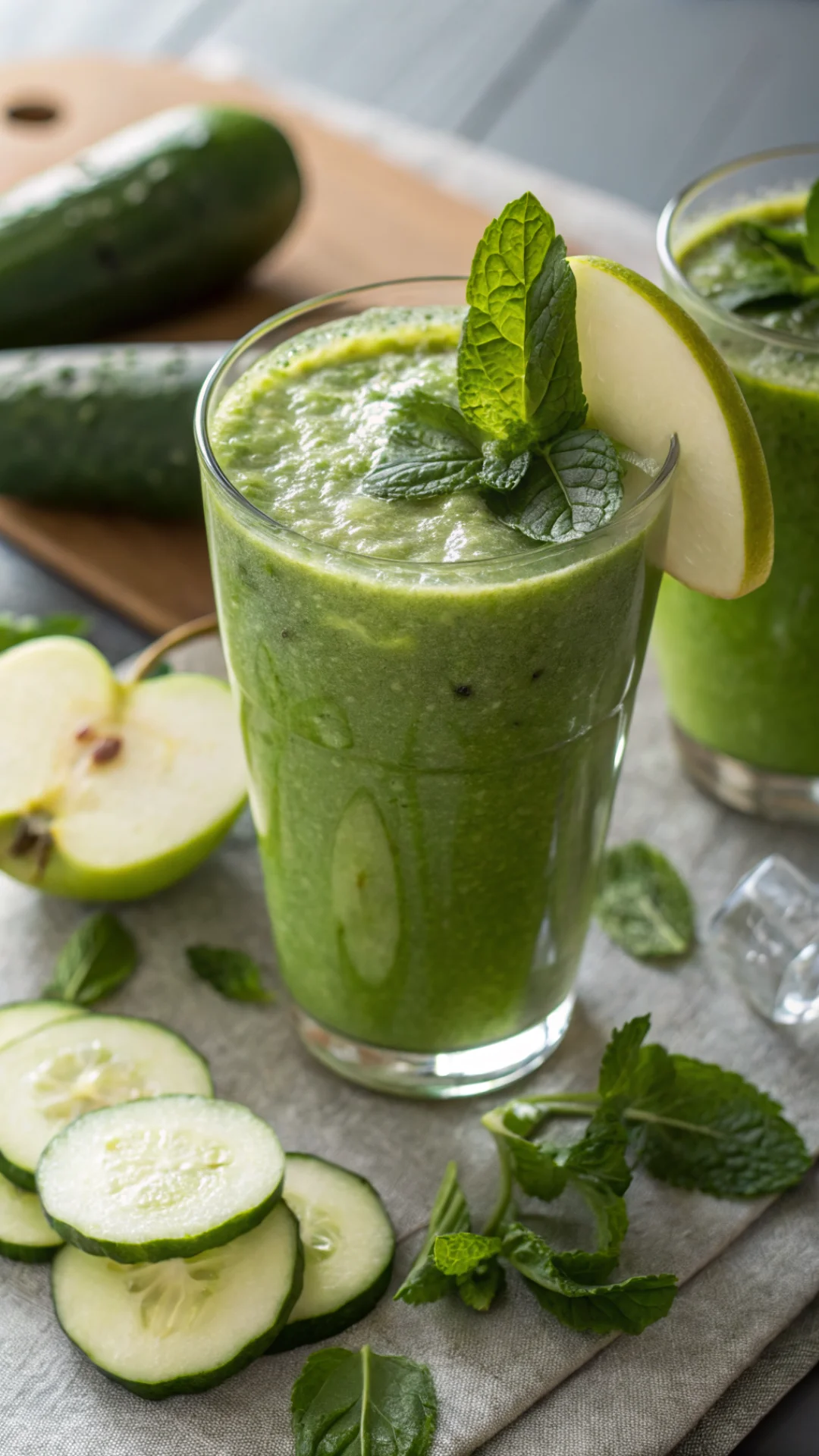 Close-up portrait of a bright green cucumber spinach apple smoothie in a glass with ice, fresh apple slice and mint garnish,